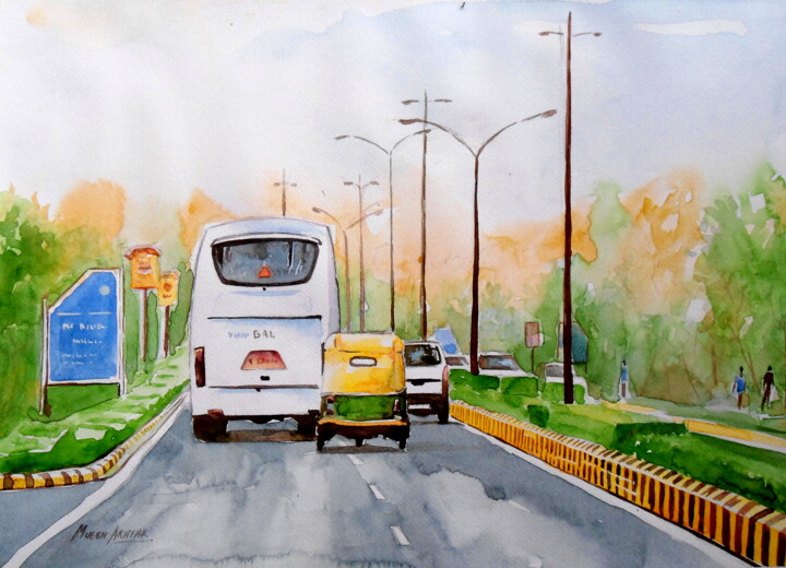 「Road View」というタイトルの絵画 Mueen Akhtarによって, オリジナルのアートワーク, 水彩画