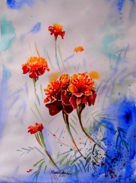 「Marigold」というタイトルの絵画 Mueen Akhtarによって, オリジナルのアートワーク, 水彩画