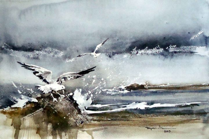 Painting titled "Seascape with gulls" by Mugur Popa, Original Artwork, Oil