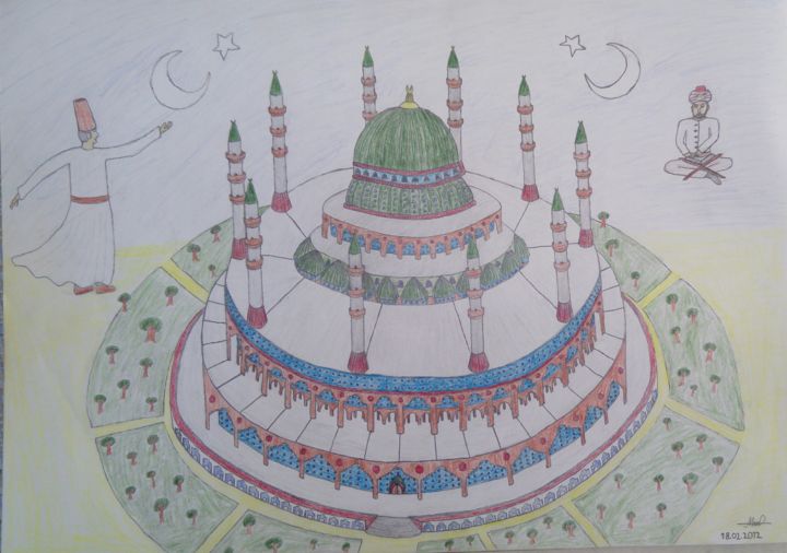 Dessin intitulée "Big Green Mosque" par Muhammet Ali Turk, Œuvre d'art originale, Crayon