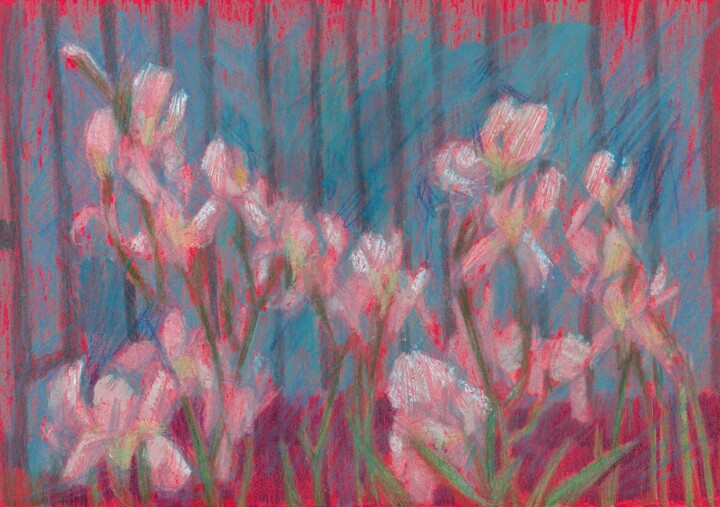 Рисунок под названием "White irises" - Evgeniya Kolchina, Подлинное произведение искусства, Цветные карандаши