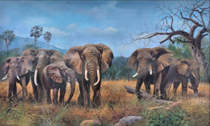 Painting titled "Follow the Leader" by Mujiono, Original Artwork, Oil