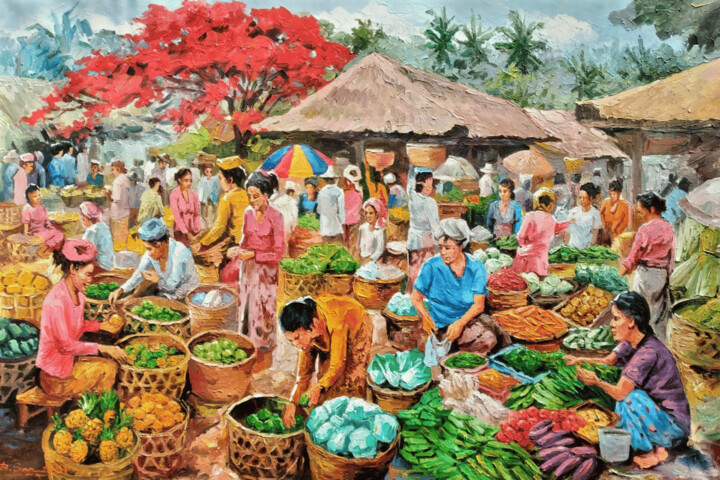 Ζωγραφική με τίτλο "Balinese Traditiona…" από Mujiono, Αυθεντικά έργα τέχνης, Λάδι