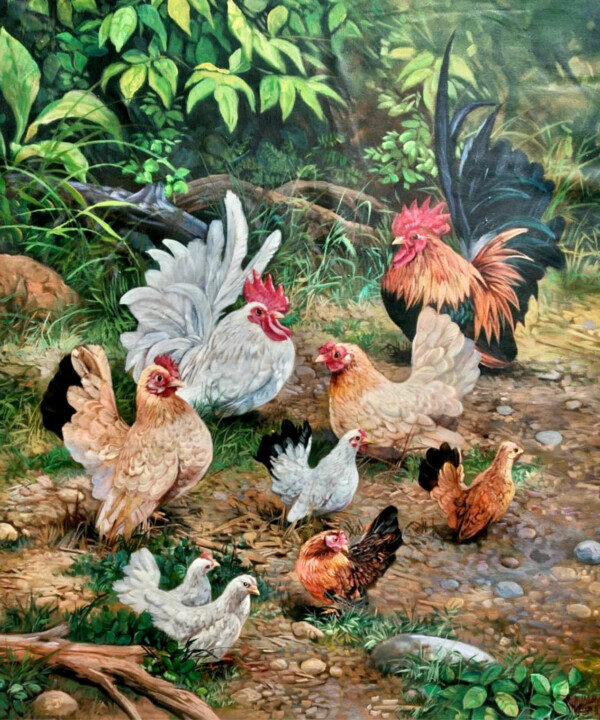 Painting titled "A Flock of Bantams" by Mujiono, Original Artwork, Oil