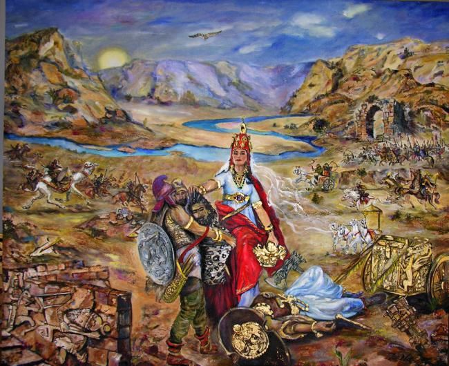 Peinture intitulée "Битва массагетской…" par Dana Mukanova Khurschudyan, Œuvre d'art originale, Huile