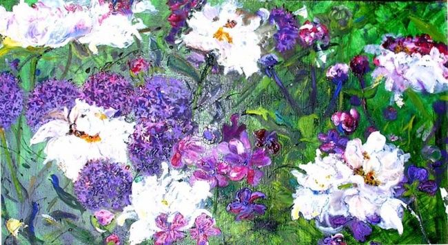 Painting titled "Violet flowers" by Dana Mukanova Khurschudyan, Original Artwork, Oil