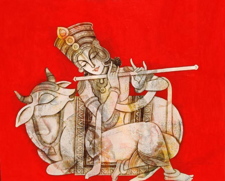 Картина под названием "Cow With Krishna" - Mukesh Mandal, Подлинное произведение искусства, Акрил