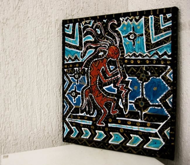 Schilderij getiteld "Kokopeli" door Multimedia Artist, Origineel Kunstwerk, Olie