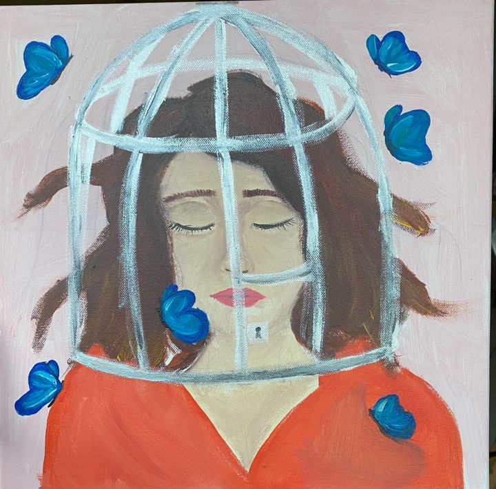 Painting titled "La cage" by Mune Nomade, Original Artwork, Acrylic