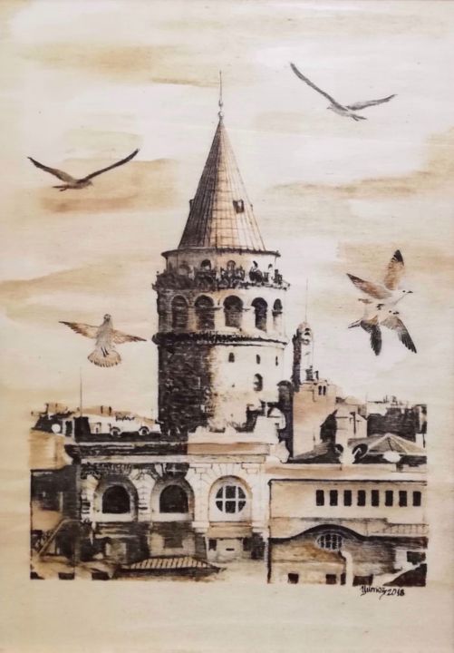 Printmaking titled "The Galata Tower an…" by Murat Yilmaz, Original Artwork, Encaustic