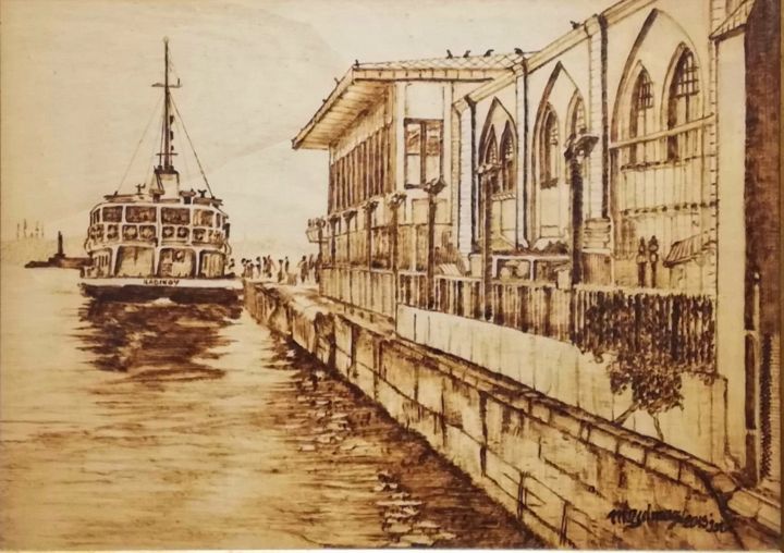 Estampas & grabados titulada "The port of Eminonu" por Murat Yilmaz, Obra de arte original, Encáustico