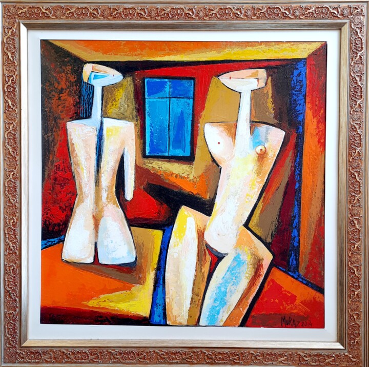 Painting titled "Conversation" by Muraz, Original Artwork, Oil Mounted on Wood Stretcher frame