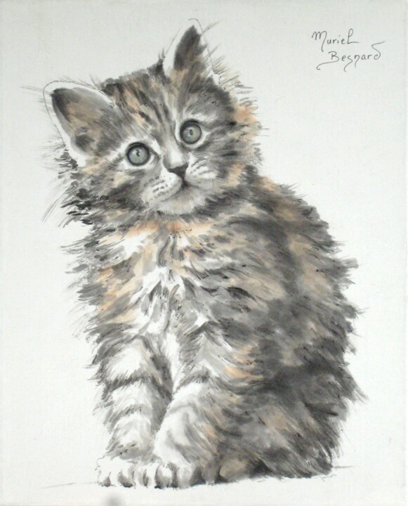 Peinture intitulée "Le chaton aux yeux…" par Muriel Besnard, Œuvre d'art originale, Encre Monté sur Châssis en bois