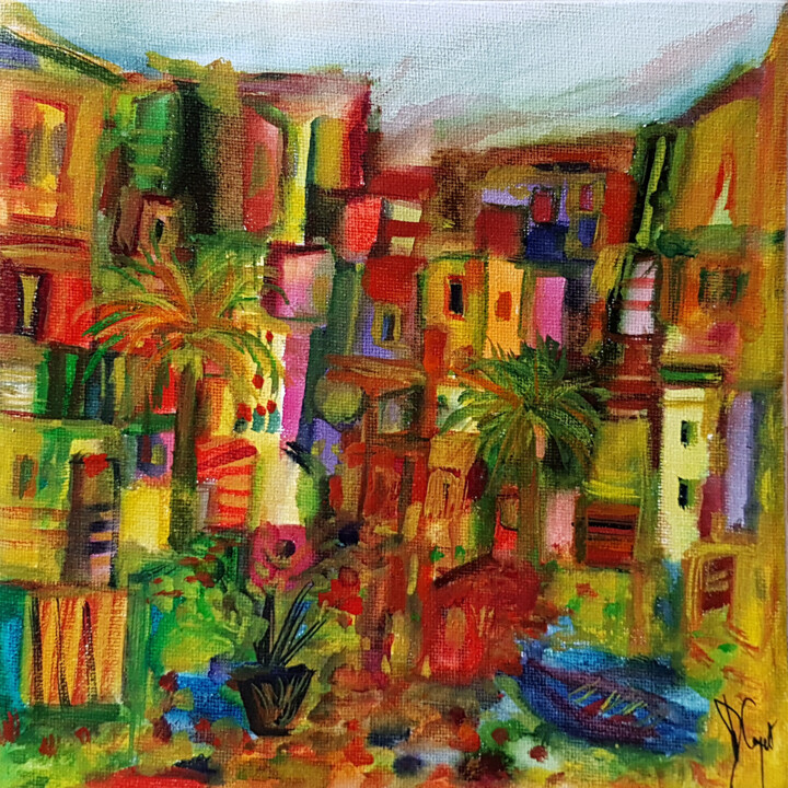 Peinture intitulée "Le réseau de ruelles" par Muriel Cayet, Œuvre d'art originale, Aquarelle