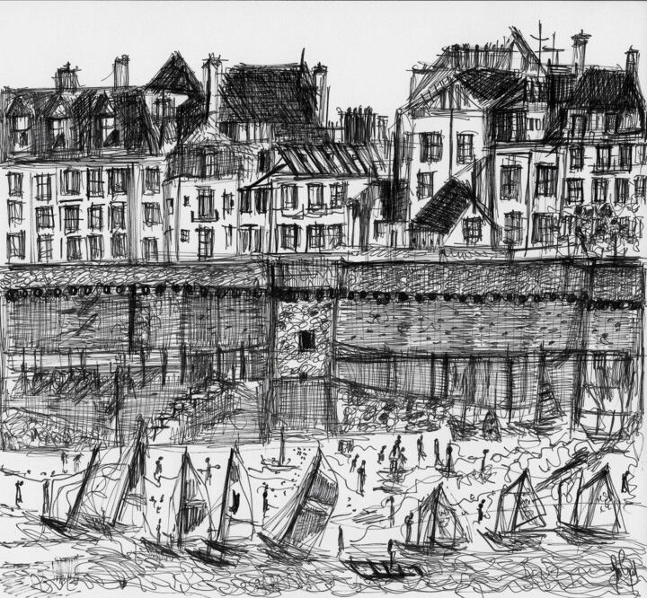 Dessin intitulée "Saint-Malo NB - Col…" par Muriel Cayet, Œuvre d'art originale