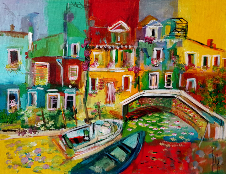 Pintura titulada "Festa alle barche" por Muriel Cayet, Obra de arte original