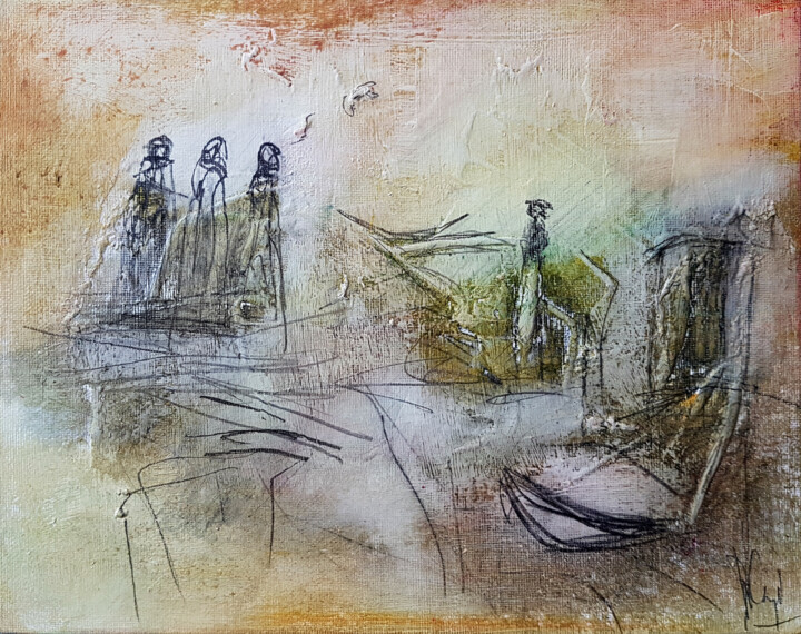 Peinture intitulée "La traversée du gué" par Muriel Cayet, Œuvre d'art originale