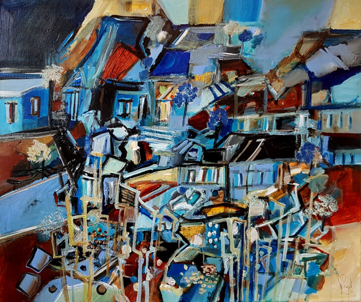 Peinture intitulée "Des villages avec m…" par Muriel Cayet, Œuvre d'art originale, Acrylique