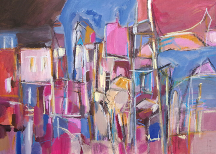 Painting titled "Une ville à entrer…" by Muriel Cayet, Original Artwork, Acrylic