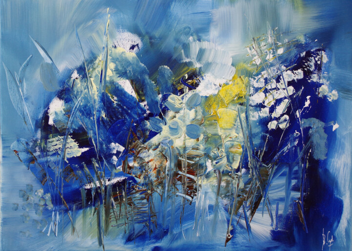 Painting titled "Poétique en bleu" by Muriel Cayet, Original Artwork, Acrylic