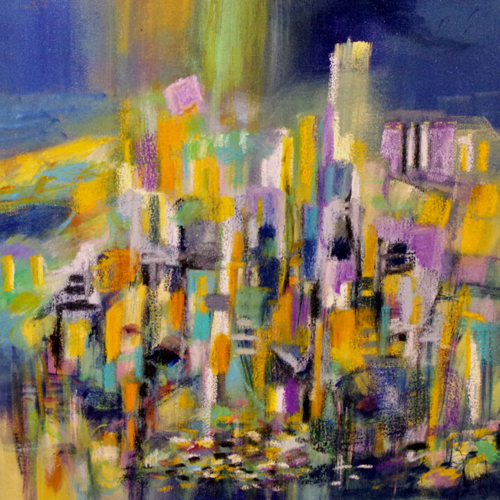 Painting titled "Skyline in purple f…" by Muriel Cayet, Original Artwork, Acrylic
