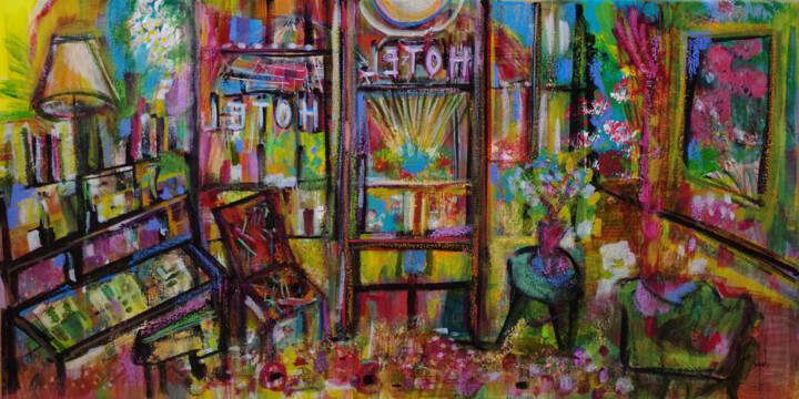 Schilderij getiteld "Rainbow Hotel" door Muriel Cayet, Origineel Kunstwerk, Acryl