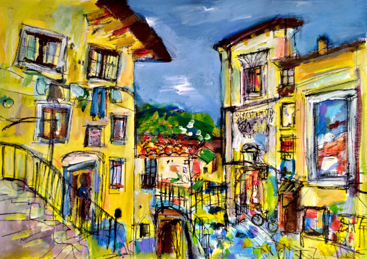 Painting titled "Les maisons jaunes" by Muriel Cayet, Original Artwork, Acrylic