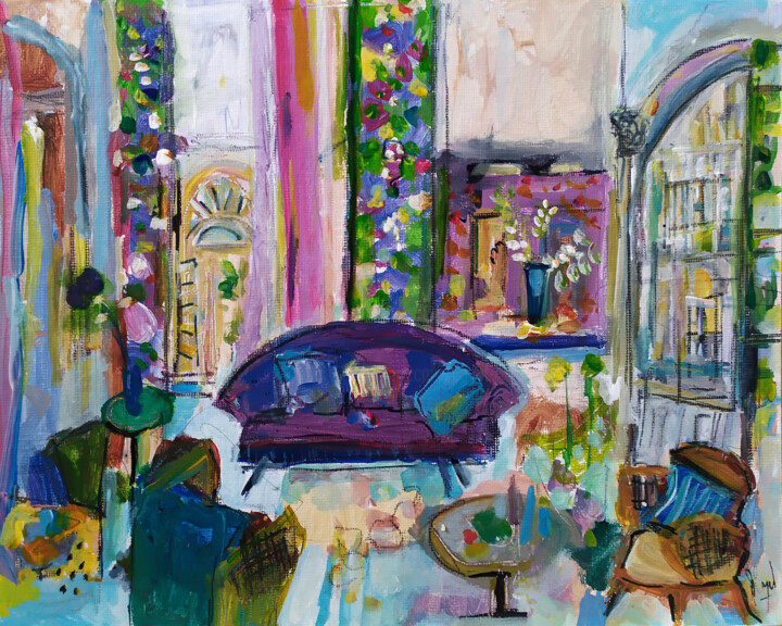 Painting titled "Chez Emily" by Muriel Cayet, Original Artwork, Acrylic Mounted on Cardboard