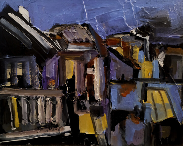 Painting titled "Villas archaïques" by Muriel Cayet, Original Artwork, Acrylic Mounted on Cardboard