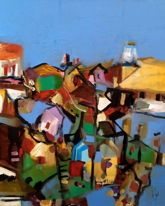 Peinture intitulée "Un village à l'abri" par Muriel Cayet, Œuvre d'art originale, Acrylique Monté sur Châssis en bois