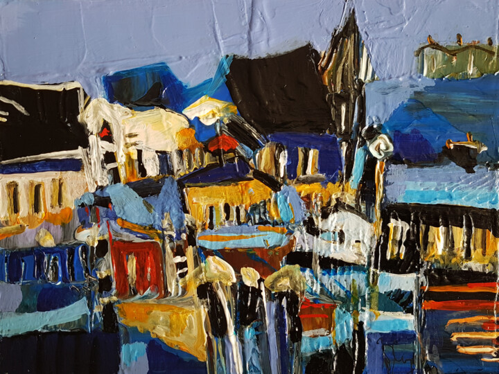 Painting titled "Port-bleu" by Muriel Cayet, Original Artwork, Acrylic Mounted on Cardboard