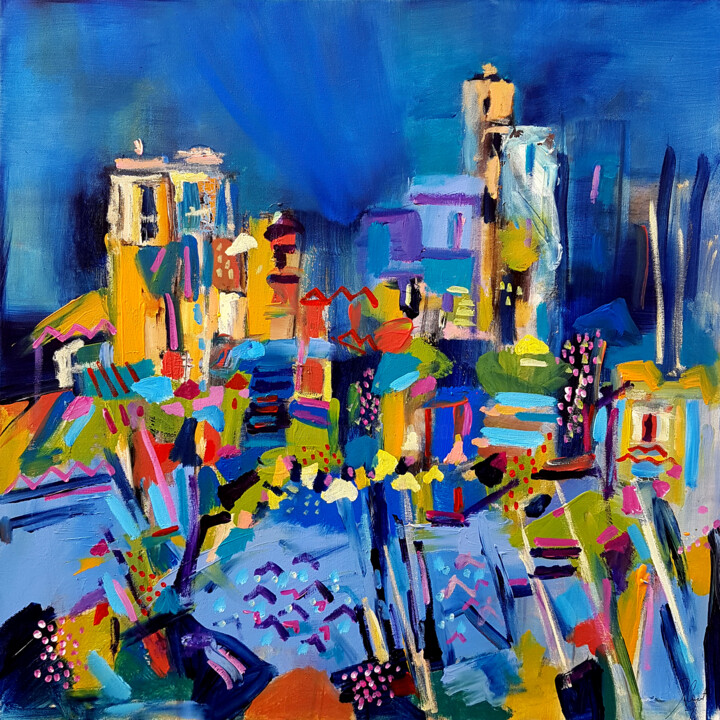 Painting titled "Le pays de Propriano" by Muriel Cayet, Original Artwork, Acrylic Mounted on Wood Stretcher frame