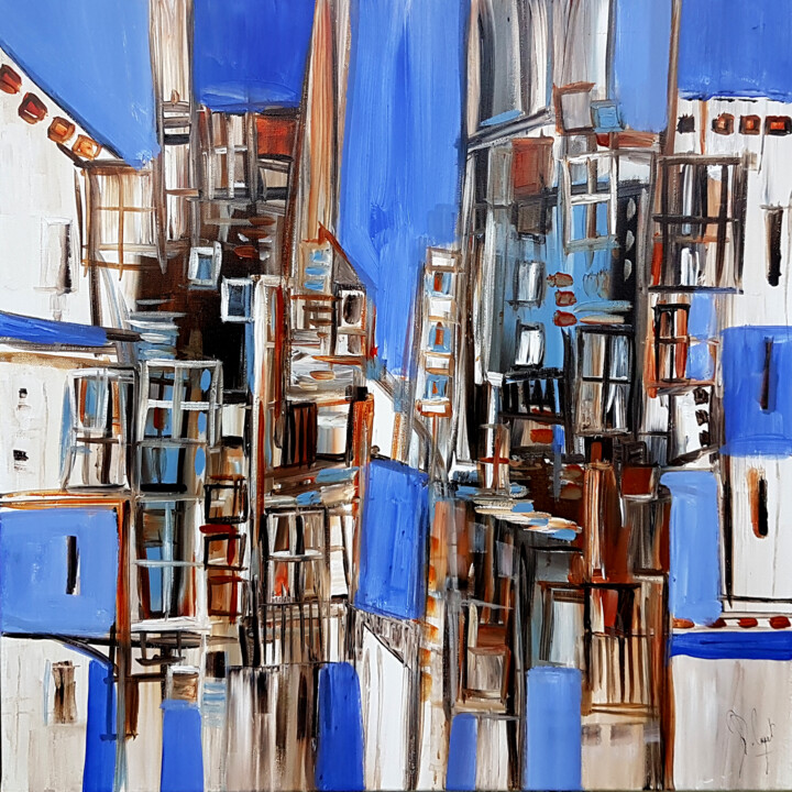 Peinture intitulée "Une ville en lignes…" par Muriel Cayet, Œuvre d'art originale, Acrylique Monté sur Châssis en bois