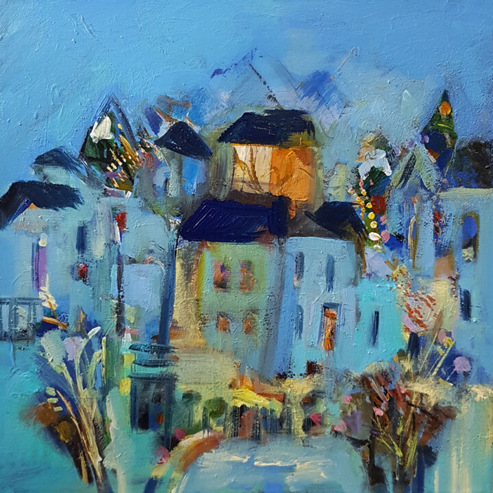 Painting titled "Les maisons bleues" by Muriel Cayet, Original Artwork, Acrylic Mounted on Wood Stretcher frame