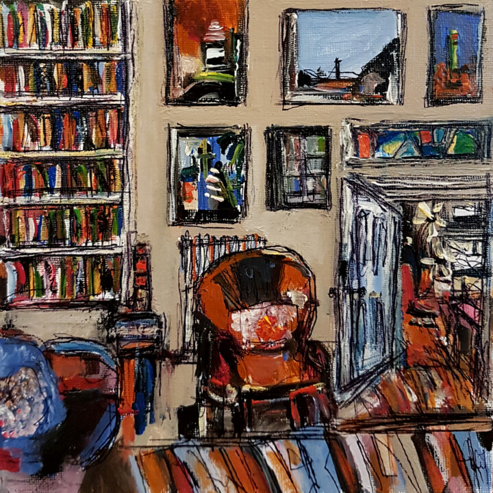 Painting titled "Intérieur à ressour…" by Muriel Cayet, Original Artwork, Acrylic Mounted on Cardboard