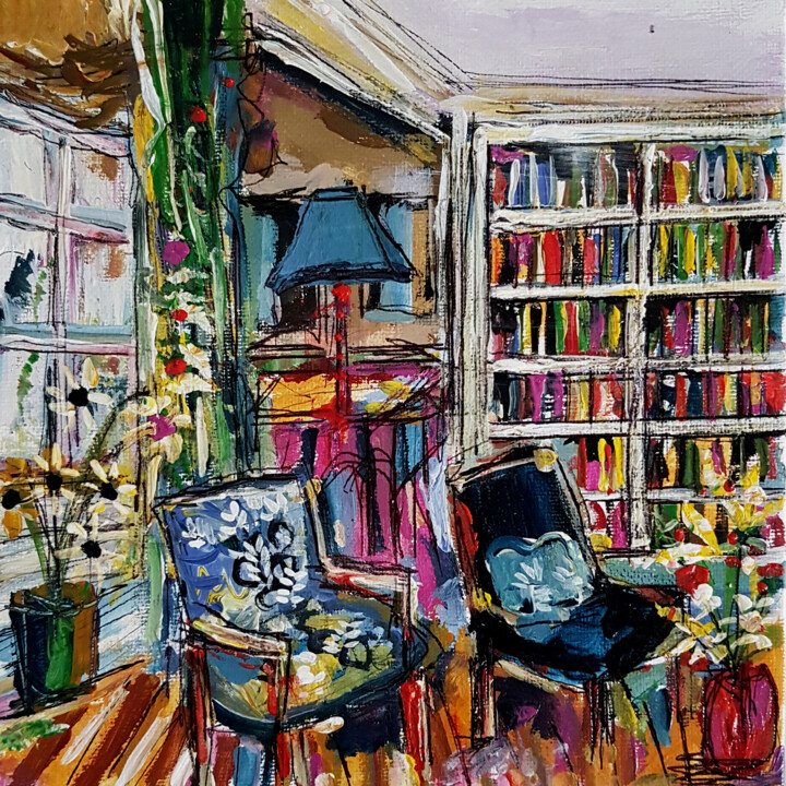 Painting titled "Un besoin de biblio…" by Muriel Cayet, Original Artwork, Acrylic Mounted on Cardboard