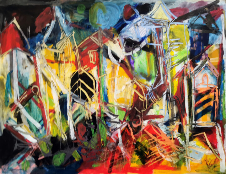 Painting titled "Village M" by Muriel Cayet, Original Artwork, Gouache Mounted on Cardboard