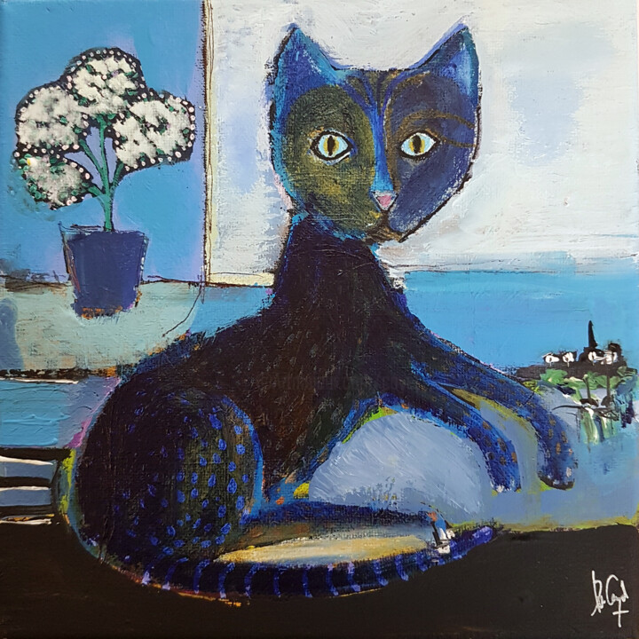 Peinture intitulée "La plage du chat bl…" par Muriel Cayet, Œuvre d'art originale, Acrylique Monté sur Châssis en bois
