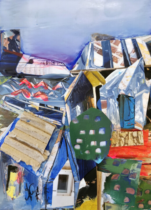 Collages intitulée "Les toits mauves" par Muriel Cayet, Œuvre d'art originale, Acrylique Monté sur Carton