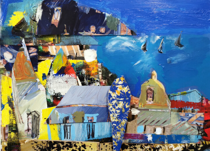 Collages titled "Positano en jaune e…" by Muriel Cayet, Original Artwork, Acrylic Mounted on Cardboard