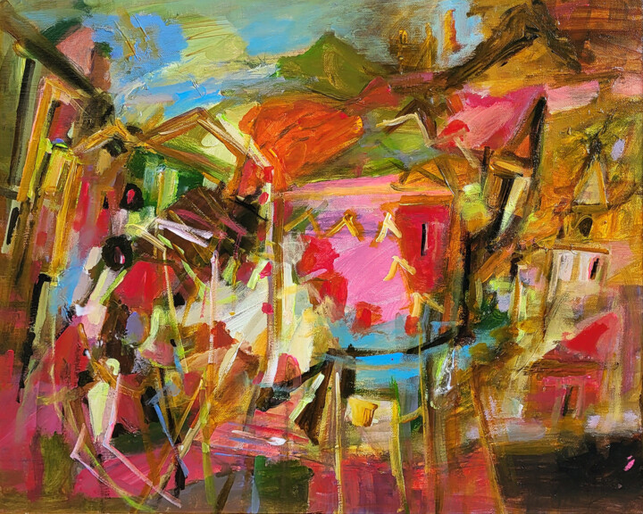 제목이 "L'étang rose"인 미술작품 Muriel Cayet로, 원작, 아크릴 나무 들것 프레임에 장착됨
