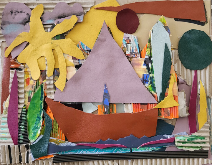Collagen mit dem Titel "Voyage en simplicité" von Muriel Cayet, Original-Kunstwerk, Collagen Auf Karton montiert