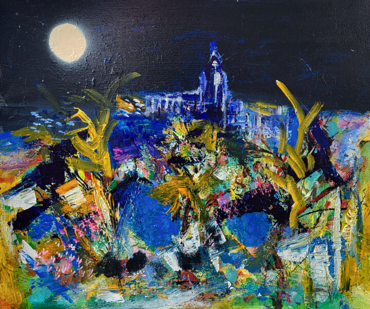 Painting titled "Marche la nuit" by Muriel Cayet, Original Artwork, Acrylic Mounted on Wood Stretcher frame