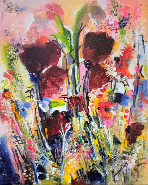 Painting titled "Fleurs d'endurance" by Muriel Cayet, Original Artwork, Acrylic Mounted on Wood Stretcher frame