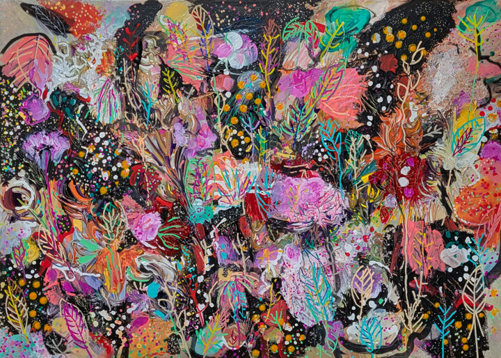 Peinture intitulée "Jardin buissonnant…" par Muriel Cayet, Œuvre d'art originale, Acrylique Monté sur Châssis en bois