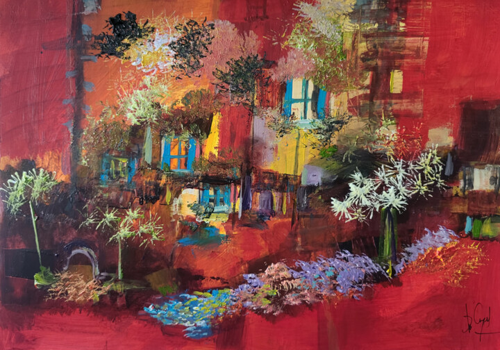 Peinture intitulée "Façade en rouge -…" par Muriel Cayet, Œuvre d'art originale, Acrylique