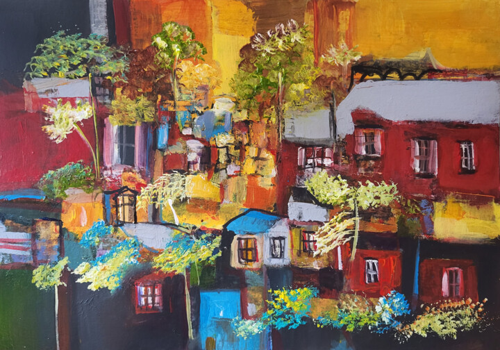 Peinture intitulée "Village radieux -…" par Muriel Cayet, Œuvre d'art originale, Acrylique