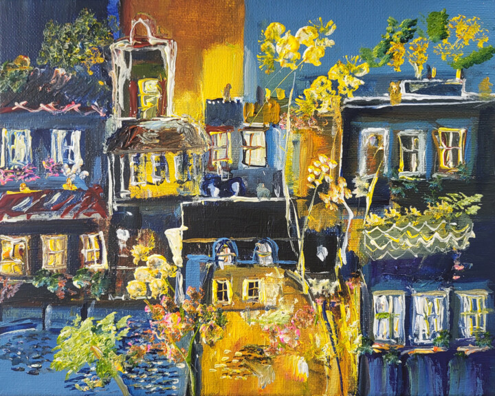 Painting titled "Quartier des bonnes…" by Muriel Cayet, Original Artwork, Acrylic Mounted on Wood Stretcher frame