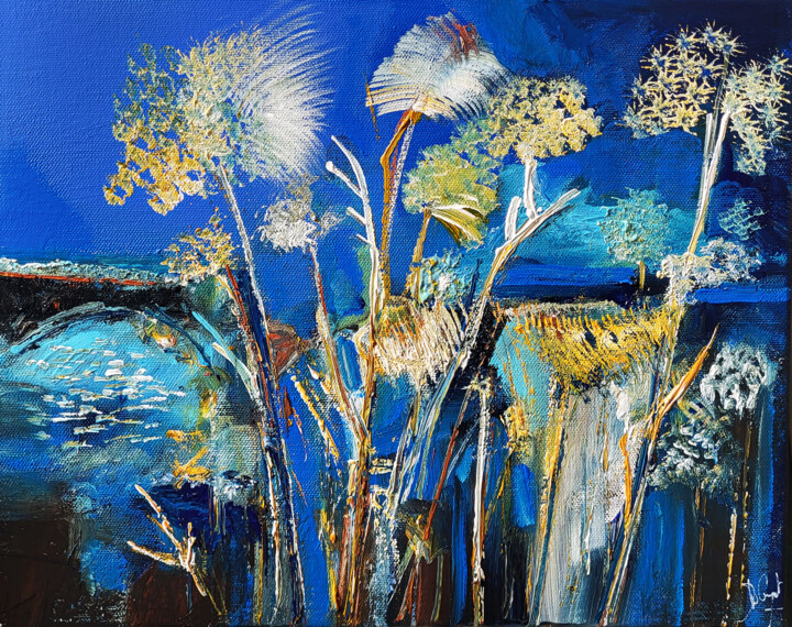 Malerei mit dem Titel "Le pont bleu" von Muriel Cayet, Original-Kunstwerk, Acryl Auf Keilrahmen aus Holz montiert