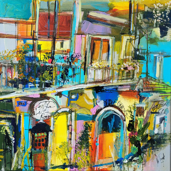Painting titled "Balcon sur Rome" by Muriel Cayet, Original Artwork, Acrylic Mounted on Wood Stretcher frame